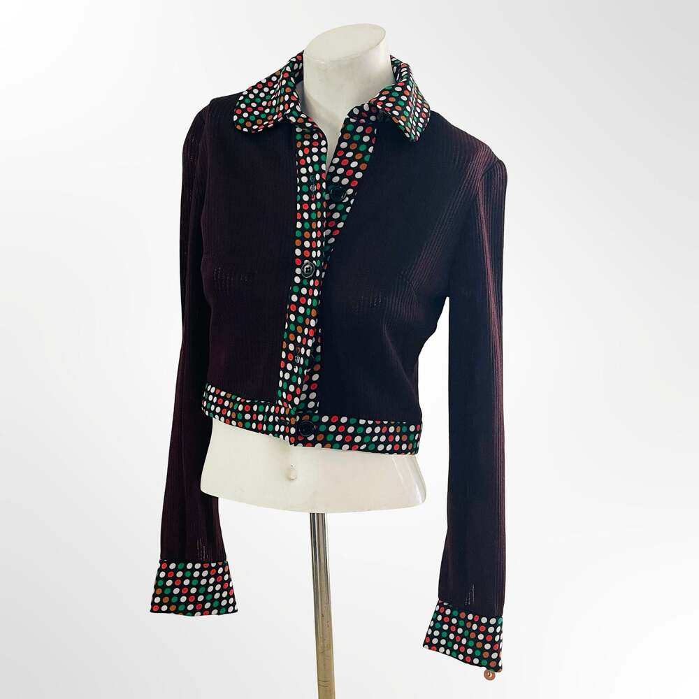 Vintage Ribbed Knit Cropped Cardigan with Polka Dot Trim